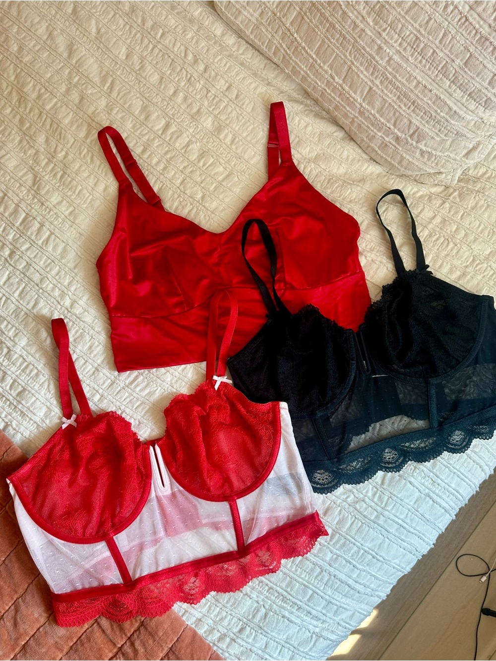 Auden Satin and Lace Bralette Trio in Red and Black